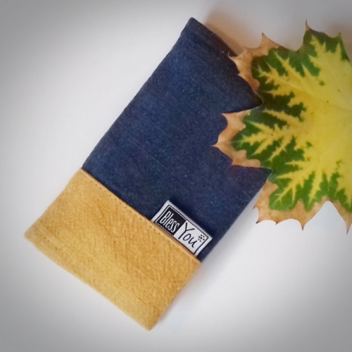 Textil zsebkendőtartó, kék - okker színben