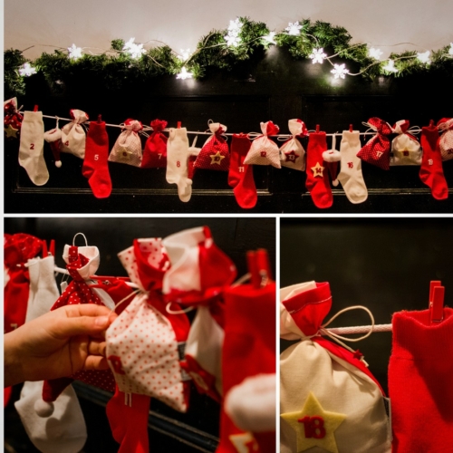 Piros - fehér újrahasznosítható adventi naptár, karácsonyi dekoráció