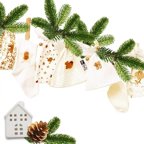 Adventi kalendárium, naptár textil - arany / fehér, 24 db-os szett